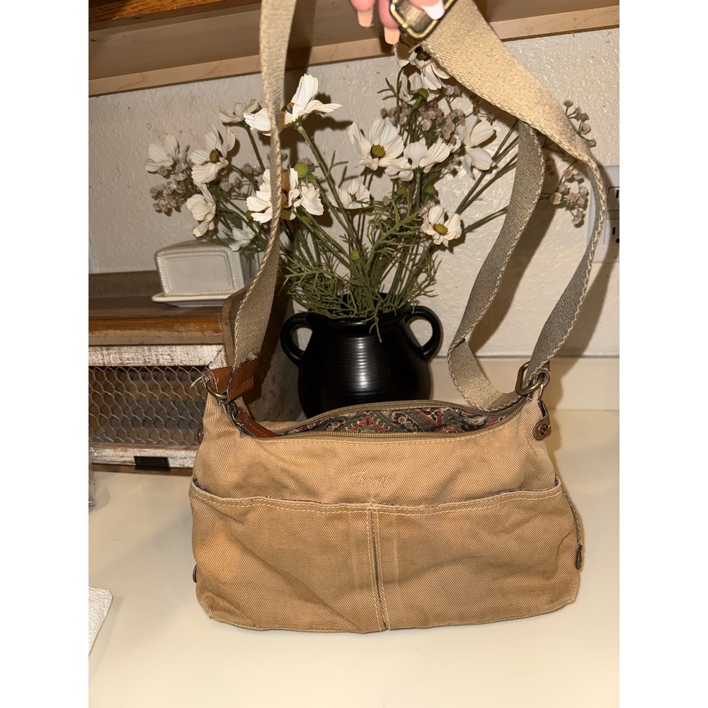 Fossil Tan Canvas Crossbody Bag Leather Trim Paisley Lining Y2K Messenger